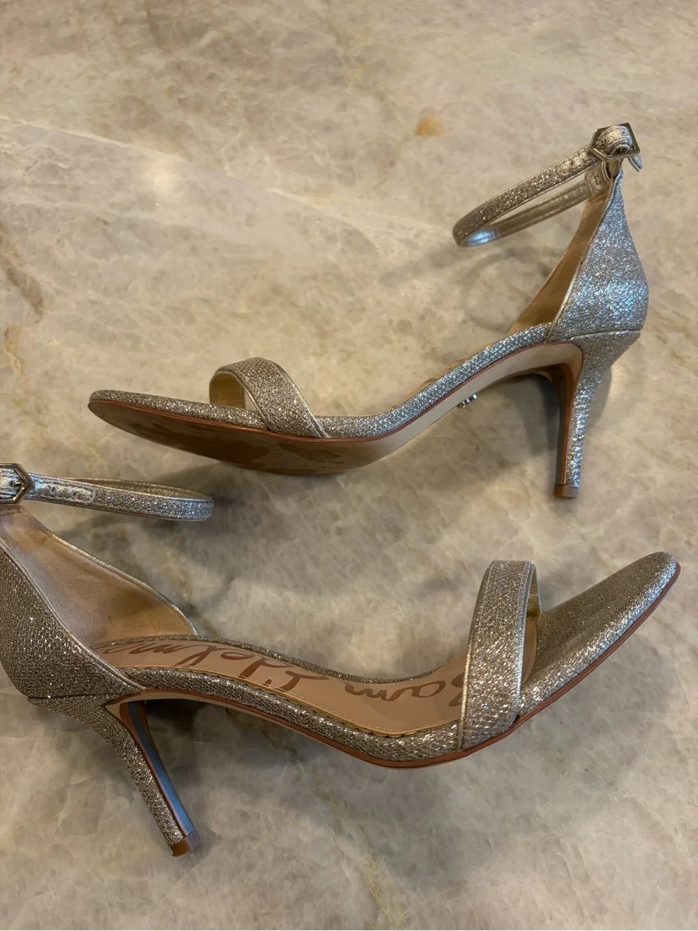 Sam Edelman Patti Silver Glitter Ankle-Strap Heels